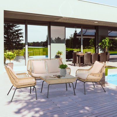 Salon de jardin 4 pers. 4 pièces style exotique coussins inclus beige OUTSUNNY