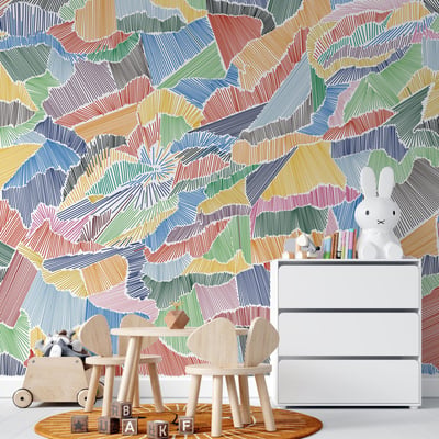 Papier peint hachures avec motifs multicolores pour enfants - 340x260 cm (l x h) LA TOUCHE ORIGINALE