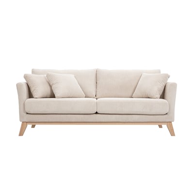 Canapé scandinave déhoussable 3 places en tissu velours côtelé beige et bois clair OSLO MILIBOO