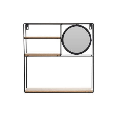 Étagère Murale en Métal Noir et Bois avec Miroir - 40x40x10cm WADIGA