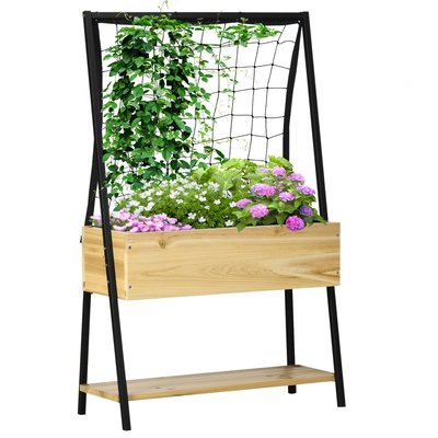 Jardinière sur pieds avec treillis filet - étagère - métal époxy noir sapin verni OUTSUNNY