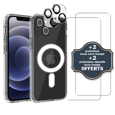 Coque Anti-choc compatible Magsafe pour Iphone 13 Transparente + 2 protections écran et 2 protections objectif caméra EVETANE