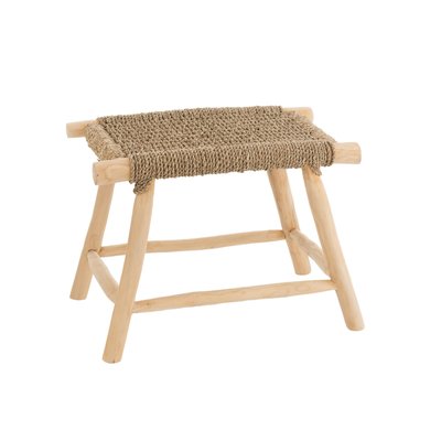 Tabouret artisanal rectangulaire en teck et jonc de mer - CHAM HELLIN, DEPUIS 1862
