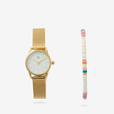 Coffret montre cadran rond bracelet maille dorée + bracelet perles multicolores BALABOOSTE