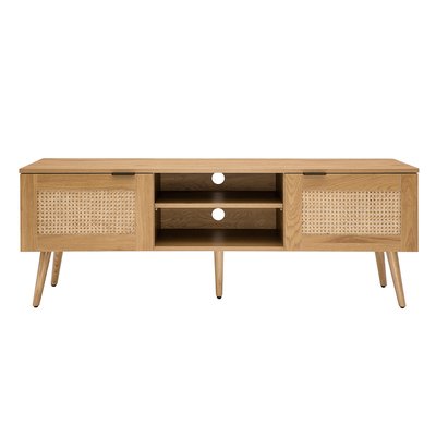 Meuble TV finition bois clair, cannage rotin et métal noir 2 portes L140 cm MANILLE MILIBOO