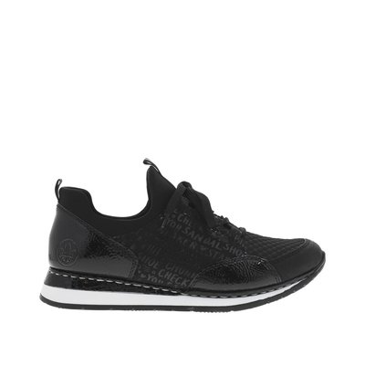 Baskets noires à talon plat avec écritures imprimées ton sur ton et lacets plats RIEKER