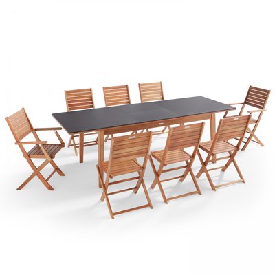 Salon de jardin table extensible et 8 chaises en bois d'eucalyptus, ARLES OVIALA
