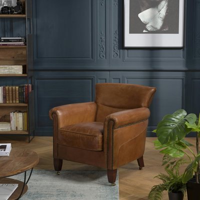Fauteuil de salon cuir brun et roulettes PRESTON PIER IMPORT