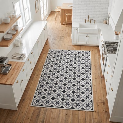 Tapis de cuisine motif carreaux de ciment LYN11 N&B UN AMOUR DE TAPIS