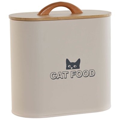 Boîte à croquettes chat en métal beige et bambou 20x10x18cm WADIGA