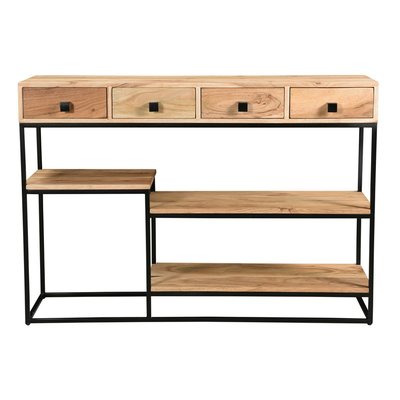 Console industrielle avec rangements 4 tiroirs en bois massif et métal noir L115 cm GRENELLE MILIBOO