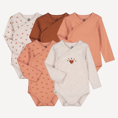 Set di 5 body incrociati a maniche lunghe, in cotone, con stampa a cuori LA REDOUTE COLLECTIONS