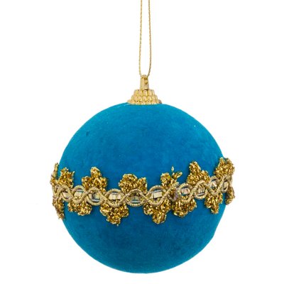 Boule de Noël velours bleu turquoise et doré 8cm WADIGA