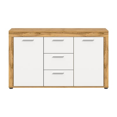 Buffet 2 portes et 3 tiroirs blanc et chêne wotan L125 cm - AOSTA CALICOSY