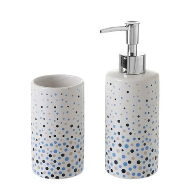 Set Salle de Bain Blanc à Pois Bleus - Distributeur Savon + Verre WADIGA
