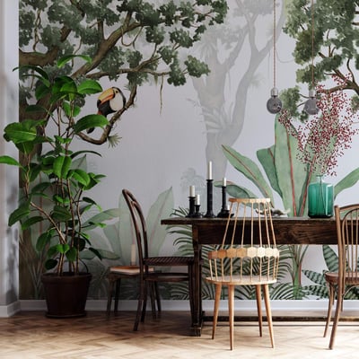 Papier peint panoramique et jungle avec toucan et plantes tropicales - 425x260 cm (l x h) LA TOUCHE ORIGINALE