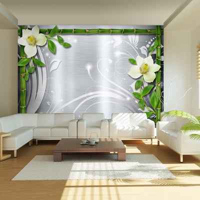 Papier peint intissé panoramique Fleurs Bamboo and two orchids EDEN