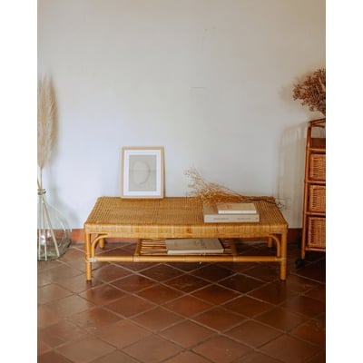 Table basse en osier et surface en cannage Léonie N°1074 - Bon état DEBONGOUT