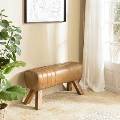 Banc cuir havane pieds en bois 89 cm TIM PIER IMPORT