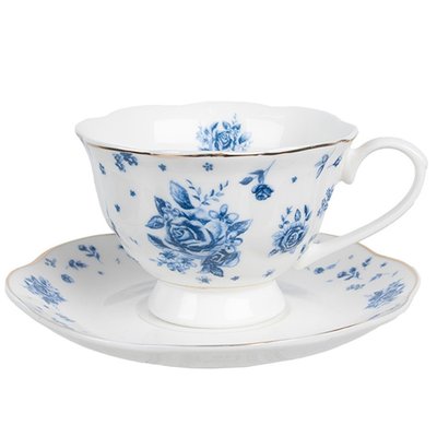 Tasse avec dessous de tasse en porcelaine blanche motif fleuri bleu 200ml WADIGA