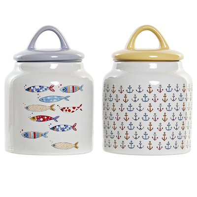 Set de 2 bocaux cuisine en grès ancres et poissons 11x11x16cm WADIGA