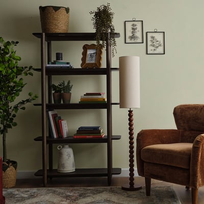 Wiley Walnut Bobbin Floor Lamp with Tall Linen Shade SO'HOME