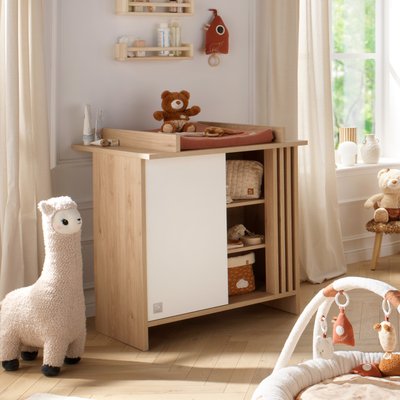 Commode 1 porte colorée et 3 niches avec claustra en bois décor chêne Suave SAUTHON