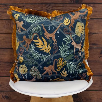 Monkey Forest Blue Fringed Filled Cushion 50x50cm FURN.