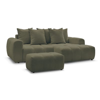 Canapé d'angle convertible 3 places en tissu bouclette avec pouf, ROXELANE BOBOCHIC