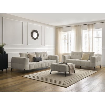 Canapé droit fixe 2 places en tissu texturé avec pouf, ANIS BOBOCHIC