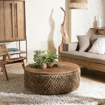 Table basse ronde 98 cm fibre tressée et bois SWING PIER IMPORT