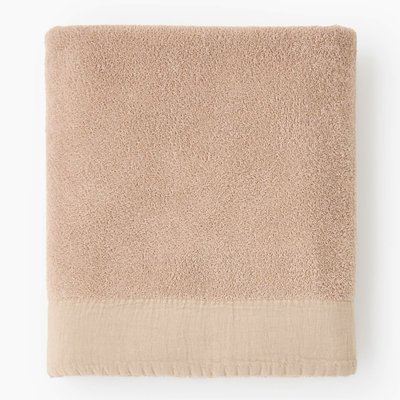 Drap de bain liteau cadre lin écru, 100x150 cm, 100% coton bio, liteau : 100% lin MONOPRIX