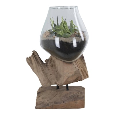 Vase verre soufflé et racine teck, artisanal H 25 cm ARIZONA PIER IMPORT