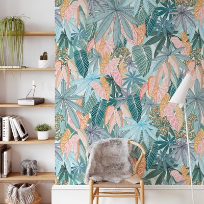 Papier peint feuilles et fleurs colorés - 340x260 cm (l x h) LA TOUCHE ORIGINALE