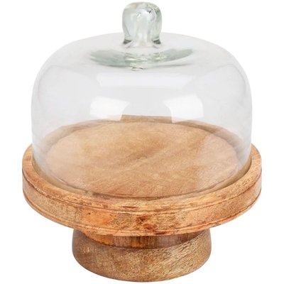 Présentoir à gâteau avec cloche sur pied en verre et bois 19x19x17cm WADIGA