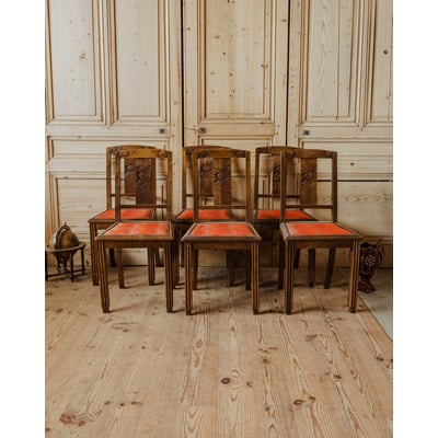 Lot de 6 chaises en bois et velours rouge Claude N°1352 - Bon état DEBONGOUT