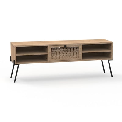 Meuble TV 1 Porte, 4 Niches et Pieds en Métal L140 cm - Evan CALICOSY
