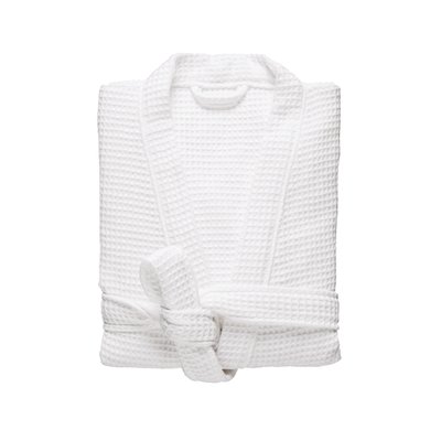 Peignoir femme col kimono en coton bio, ESPRIT NID D'ABEILLE BLANC CERISE