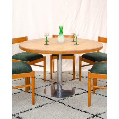 Table à manger ronde en frêne et métal chromé Karla N°1313 - Bon état DEBONGOUT
