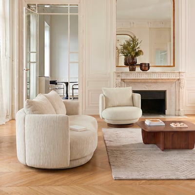 Fauteuil pivotant en velours texturé et plaqué noyer, ROSEO AM.PM