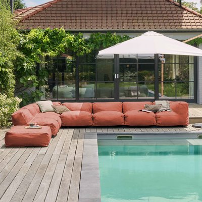 Canapé d'angle fixe modulable avec 5 chauffeuses, 2 angles et 1 pouf, MIXI OVIALA