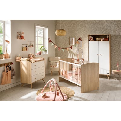 Chambre bébé trio: Lit bébé 70x140 évolutif, commode à langer 3 tiroirs et armoire 2 portes décor bois chêne et blanc SAUTHON