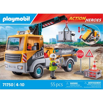 Action Heroes Camion de chantier avec grue et ouvrier et accessoires PLAYMOBIL
