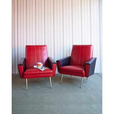 Paire de fauteuils en skaï bicolore Jakob N°1396 - Bon état DEBONGOUT