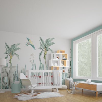 Papier peint jungle avec cactus et éléphant pour enfants - 425x260 cm (l x h) LA TOUCHE ORIGINALE