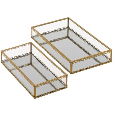 Set de 2 plateaux pour bijoux métal doré, verre et miroir 24x14x4cm WADIGA