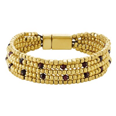 Gold metal and 5-row garnet stone bracelet, magnetic clasp N°3