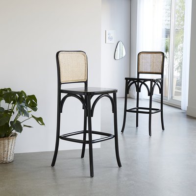 Lot de 2 tabourets de bar en acajou massif et cannage noir  ARON BERAH GETAH