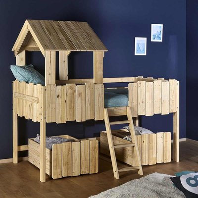 Lit cabane mi-hauteur avec tiroirs Bois massif  DONNIE AKITEN RETAIL