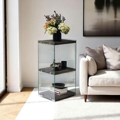 Colonne vitrine design - bois gris foncé, 3 plateaux LHASA PIER IMPORT